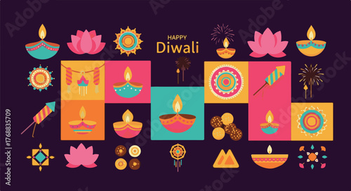 Diwali Festival Iconography: a vibrant composition, featuring traditional symbols like oil lamps, lotus flowers, and fireworks, celebrating the festival of lights.