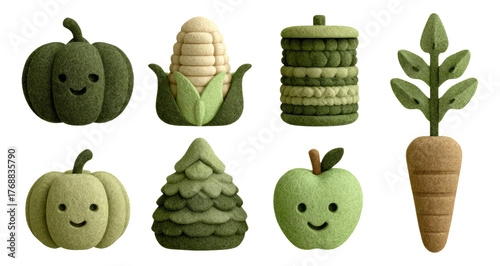 Whimsical Plush Green Vegetables and Fruits with Smiling Faces on Transparent Background