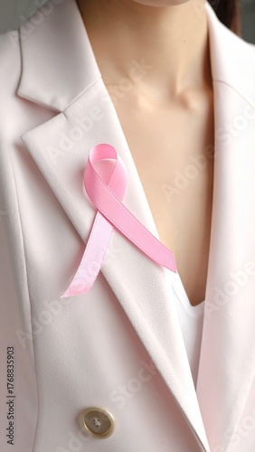 Pink Ribbon on a Woman’s Pink Jacket – Breast Cancer Awareness and Support Symbol