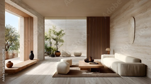Modern Living Room Minimalist Travertine Japandi Portuguese Style Vibrant Accents Crisp Details Elegant Design Luxurious Ambiance Sophisticated Appeal (AI-Generated)