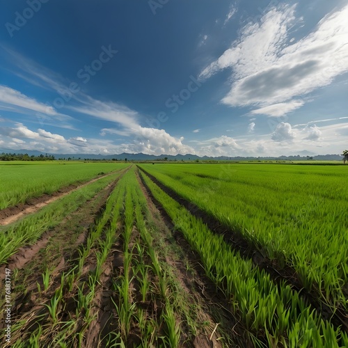 Wide-Angle View of Green Paddy Field Under Clear Blue Sky — Rural Countryside Agriculture Landscape