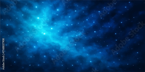 A bright, blue starry night sky illustrates the dark, deep cosmos of the universe