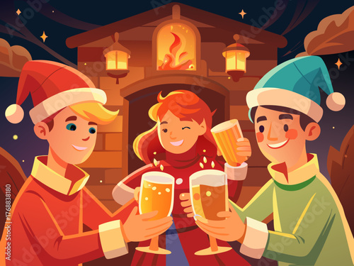 Friends in festive Christmas costumes joyfully clinking glasses together, celebrating the holiday spirit in a cozy atmosphere with a warm fireplace backdrop