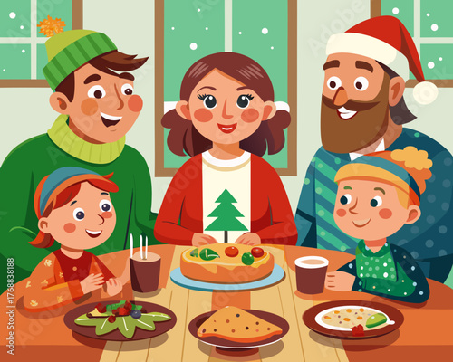 Italian family gathered around a festive table, wearing Christmas clothes, joyfully enjoying traditional panettone and holiday treats in a cozy winter setting