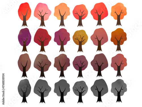 水彩風の木のイラストセット（秋・紅葉のカラーバリエーション）