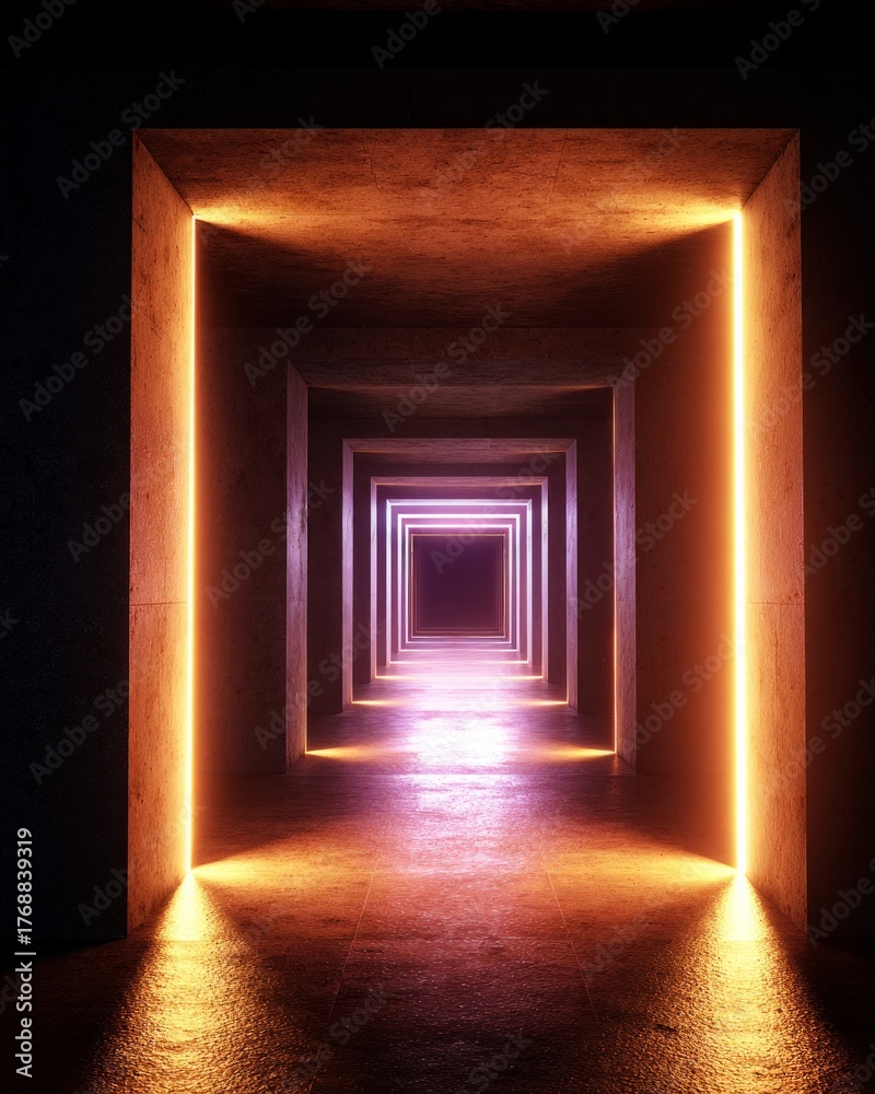 Fototapeta premium Futuristic neon tunnel with glowing symmetry and infinite perspective in orange and purple light