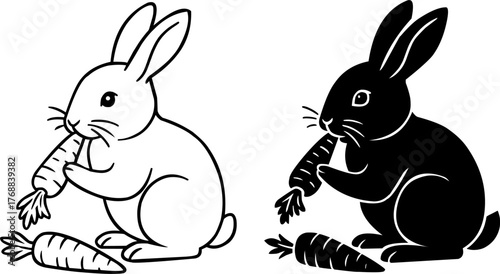 Rabbit, black and white vector, outline and silhouette versions