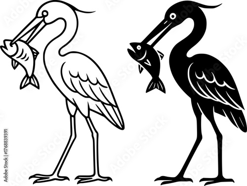 A stork eat fish, black and white vector, outline and silhouette versions