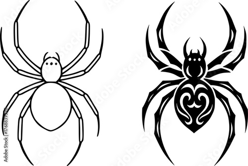 Spider, black and white vector, outline and silhouette versions