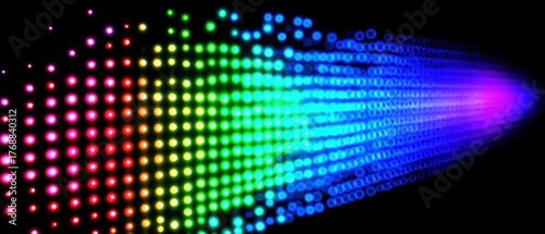 Vibrant multicolored light particles forming a dynamic digital wave pattern with neon glow effect and abstract futuristic background