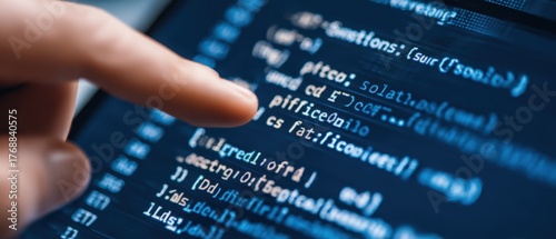 Highly detailed close-up of a person's finger pointing at computer code on a screen with programming language syntax in a digital environment
