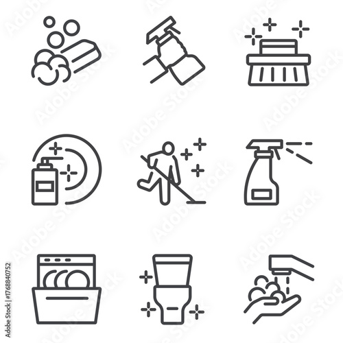 Cleaning housekeeping washing line icon isolated set. Vector flat graphic design
