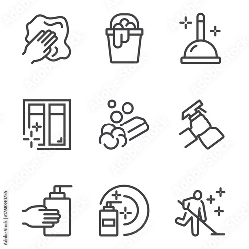 Cleaning housekeeping washing line icon isolated set. Vector flat graphic design

