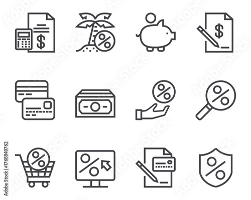 Credit and loan bank line icon isolated set. Vector flat cartoon graphic design