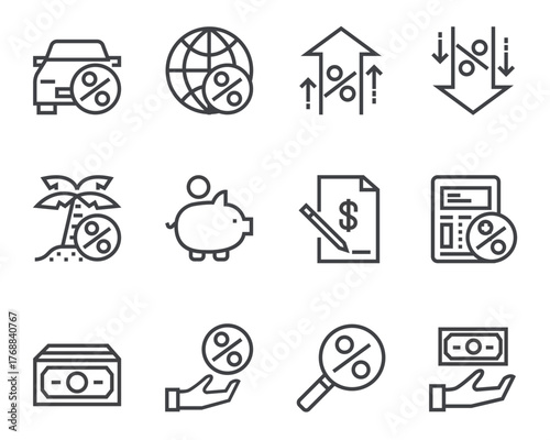 Credit and loan bank line icon isolated set. Vector flat cartoon graphic design