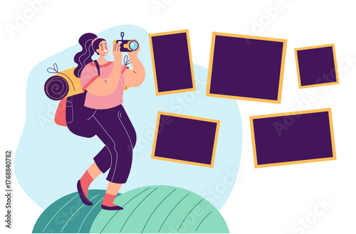 Tourist taking photo picture of nature forest concept. Vector graphic design element illustration