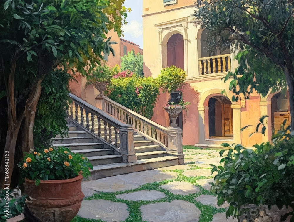 Naklejka premium Italian Courtyard with Stone Staircase