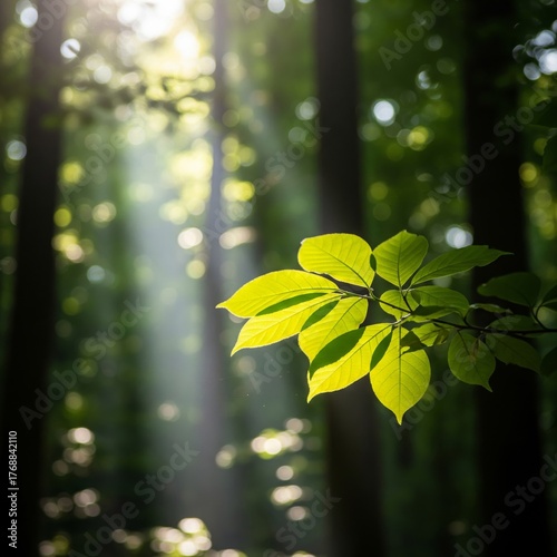 Sunlight Filtering Through Green Leaves in Forest Scenery Nature