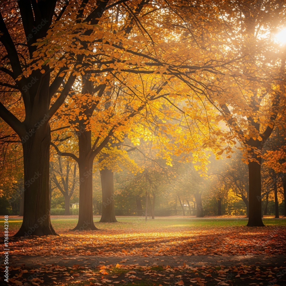 Fototapeta premium Golden Autumn Sunlight Filtering Through Forest Trees with Fallen