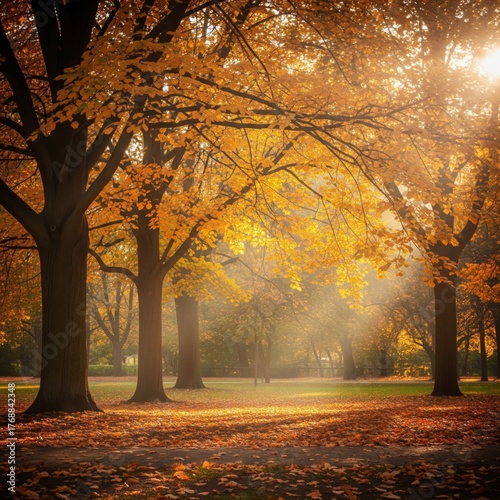 Golden Autumn Sunlight Filtering Through Forest Trees with Fallen
