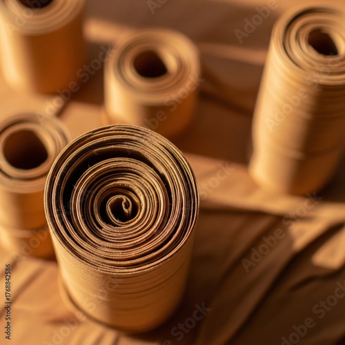 Rolled Brown Craft Paper Rolls on Textured Background in Warm Light