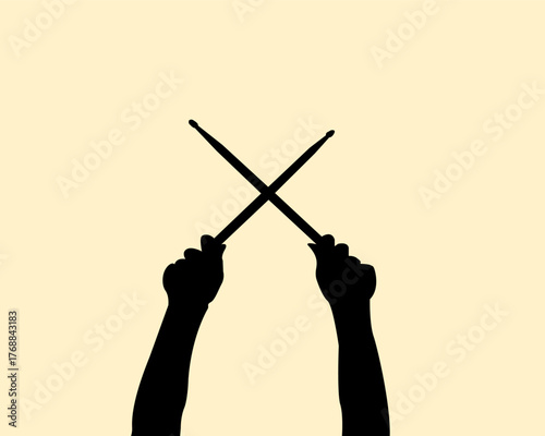 Silhouette of two hand holding two drumstick design concept. Icon of crossing sticks of wood. Vector illustration.