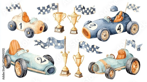 Colorful illustrations of vintage race cars, trophies, and checkered flags, showcasing a playful racing theme.