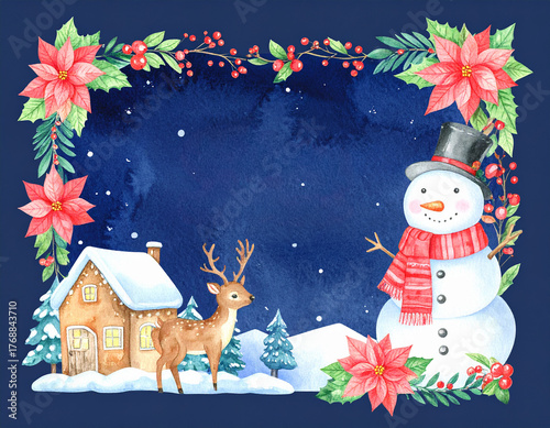 Watercolor christmas greeting card on dark blue night background 