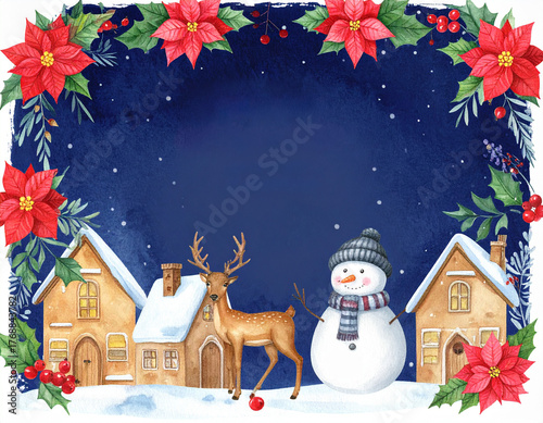 watercolor christmas greeting card on dark blue night background 