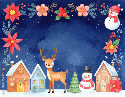watercolor christmas greeting card on dark blue night background 