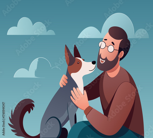 Man Tenderly Hugging Beloved Dog Under Pastel Summer Sky