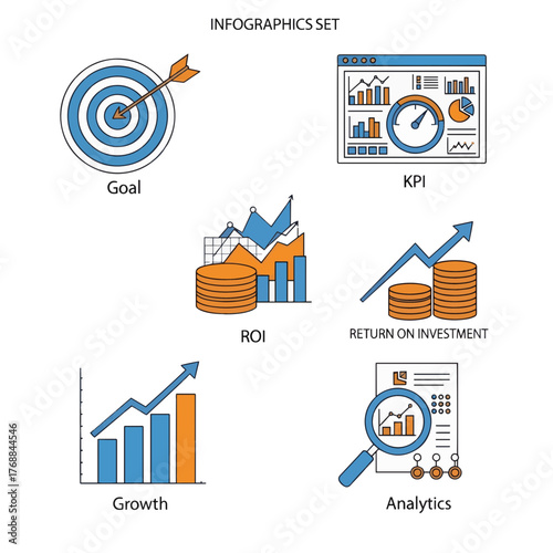 Modern vector icons for business goals, performance indicators, and financial analytics