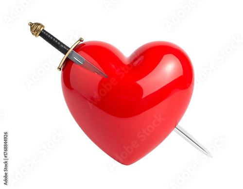 A 3D rendering shows a vibrant red heart pierced by a silver sword, set against a dark background