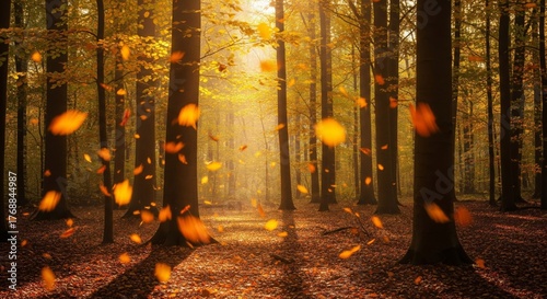 Autumnal Forest with Golden Leaves Falling in Sunlit Woodland Scene