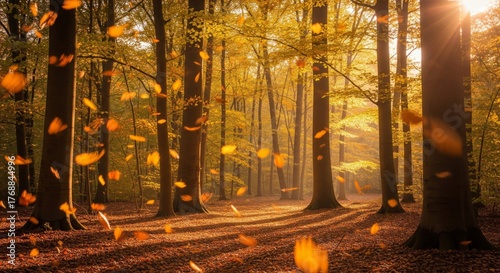 Sun Drenched Forest with Falling Leaves in Autumn Color