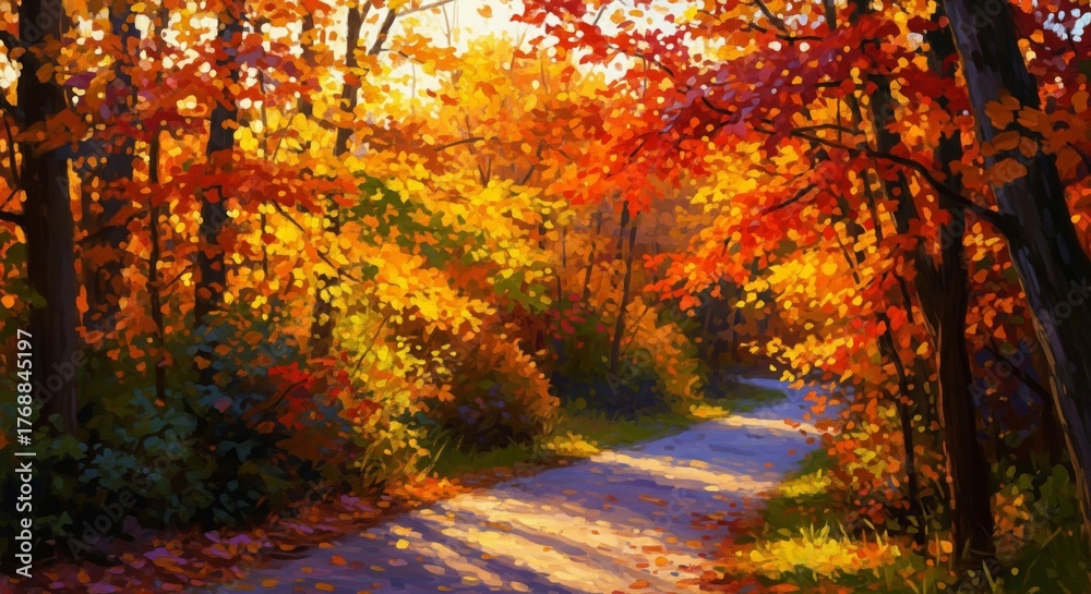 Fototapeta premium Sunlit Autumn Forest Path with Red Orange and Yellow Leaves