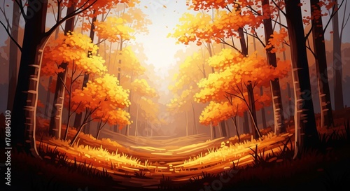 Autumn Forest Landscape with Orange Leaves Pixel Art Style
