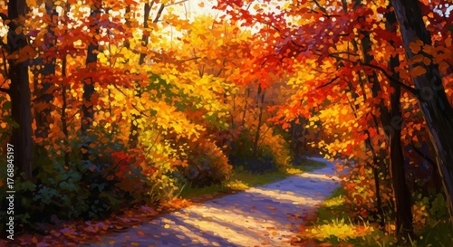 Sunlit Autumn Forest Path with Red Orange and Yellow Leaves
