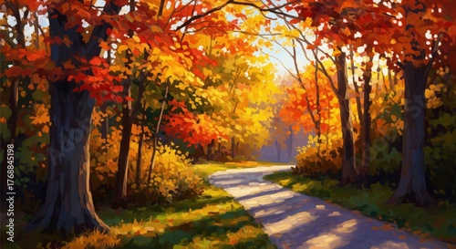 Autumnal Path Through Forest With Sunlight Filtering Through Leaves