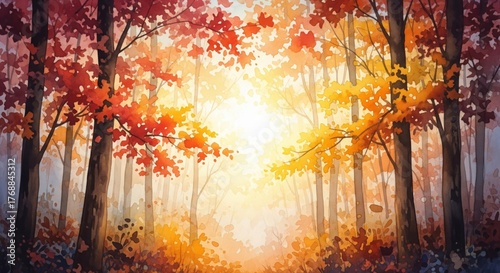 Autumn Forest Watercolor Painting with Sunlight Through Trees