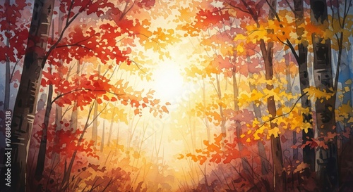 Autumn Forest Watercolor Painting with Sunlight and Fall Foliage