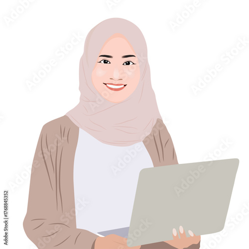 Muslim Woman Entrepreneur Working on Financial Report Vector flat person illustration. Business Concept illustrations