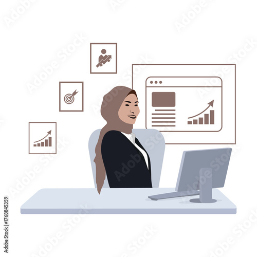 Muslim Businesswoman Working with Laptop and Data Charts Vector flat person illustration. Business Concept illustrations