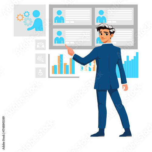Professional Man Analyzing Online Business Report. Vector flat person illustration. Business Concept illustrations