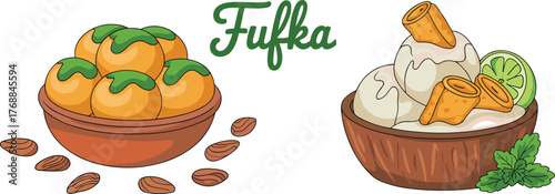 Delicious dessert bowls, traditional sweets, creamy ice cream scoops, wafer sticks, lime garnish, mint leaves, cultural food illustration, sweet treats, indulgent desserts, Fufka branding