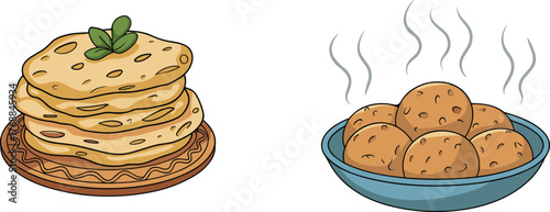 Traditional flatbread illustration, steaming dumplings bowl, hot food vector, homemade cuisine drawing, cultural meal artwork, decorative plate design, fresh bread rolls, ethnic culinary art