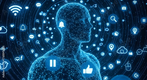 Human silhouette surrounded by floating icons of technology, social media, and communication, glowing blue tones, representing global digital connection.
