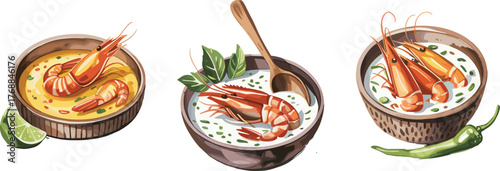 Shrimp soup bowls illustration, seafood cuisine artwork, stylized food drawing, Asian soup with shrimp, lime, chili, peas, garnish, decorative culinary vector design