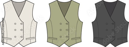 Men’s waistcoat fashion illustration, formal vest design template, double breasted tailoring sketch, vector clothing pattern, stylish apparel drawing, garment technical flat, classic suit accessory