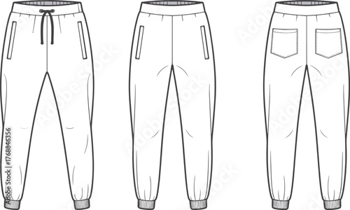 Jogger pants technical flat sketch, fashion design template, apparel vector illustration, front side back view, drawstring waistband, zipper pockets, elastic cuffs, garment construction reference